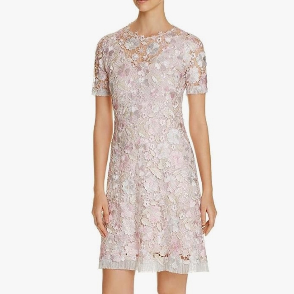 🌟ELIE TAHARI🌟 LAURA METALLIC LACE SHORT SLEEVE WEDDING GUEST DRESS PINK SZ 0